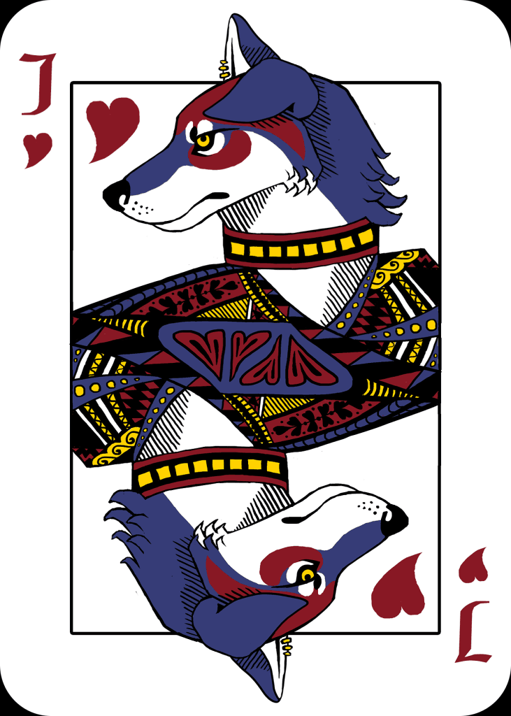 a digital art piece in the style of a playing card, mirrored vertically. it depicts an anthropomorphic wolfdog as the Jack of Hearts