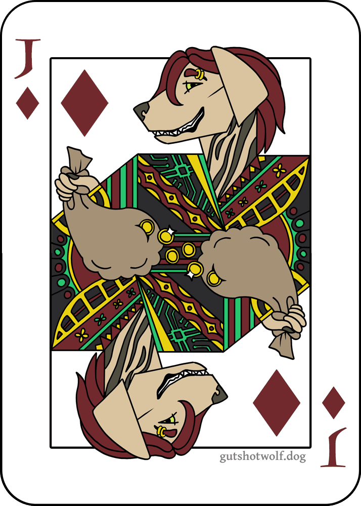 a digital art piece in the style of a playing card, mirrored vertically. it depicts an anthropomorphic weimeraner dog as the Jack of Diamonds, holding a sack from which coins are falling out