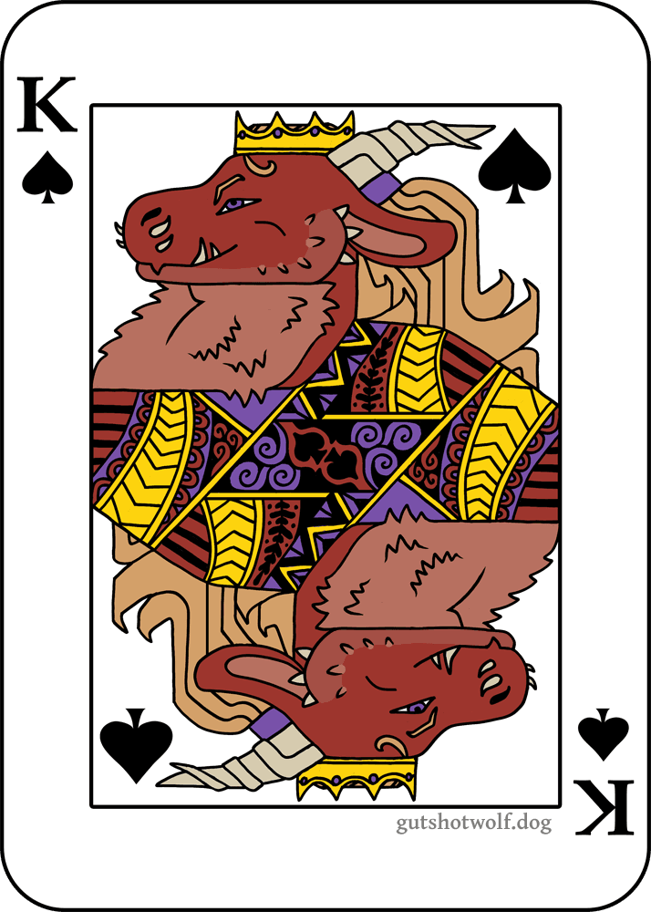 a digital art piece in the style of a playing card, mirrored vertically. it depicts an anthropomorphic dragon with a large beard as the King of Spades, wearing a crown