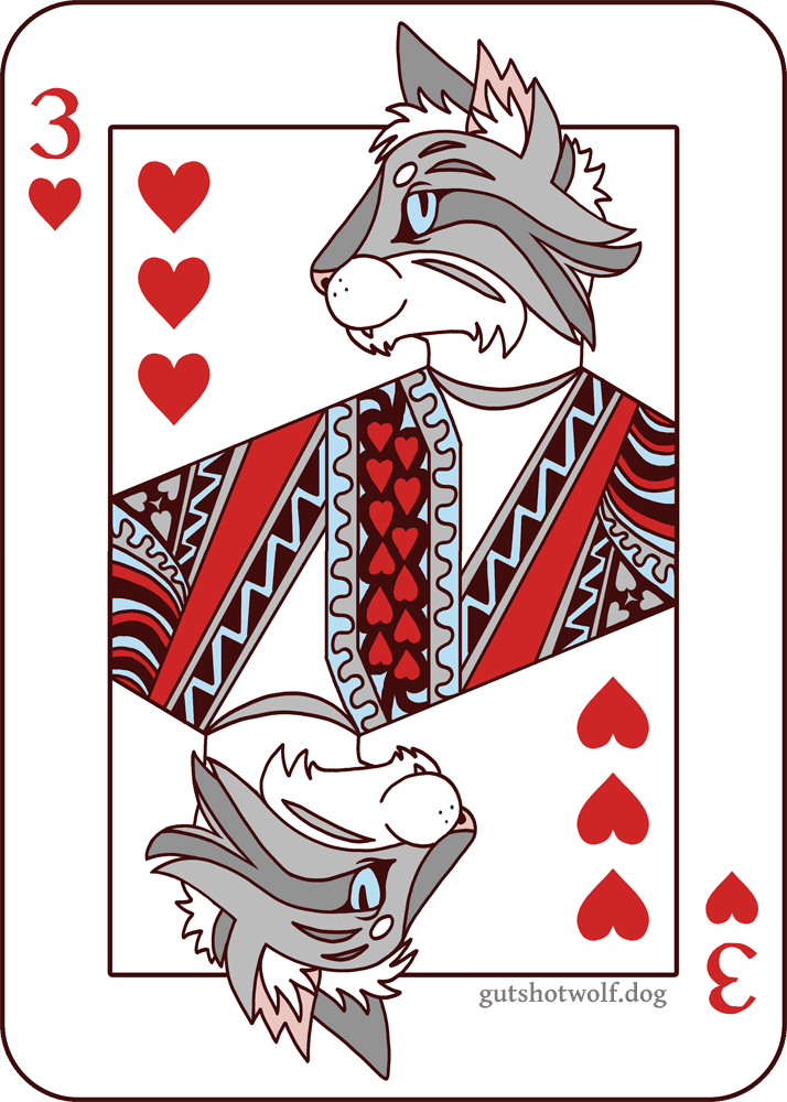 a digital art piece in the style of a playing card, mirrored vertically. it depicts an anthropomorphic cat with his left ear half-bitten off as the 3 of Hearts