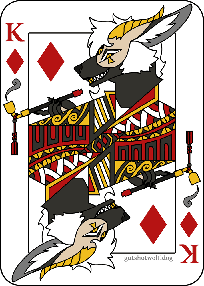 a digital art piece in the style of a playing card, mirrored vertically. it depicts an anthropomorphic fennec fox with horns and a third eye as the King of Diamonds, holding an antique tobacco pipe