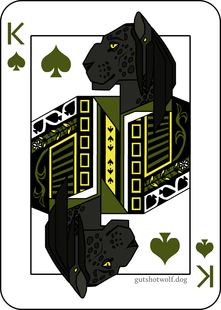 a digital art piece in the style of a playing card, mirrored vertically. it depicts an anthropomorphic jaguar as the King of Spades