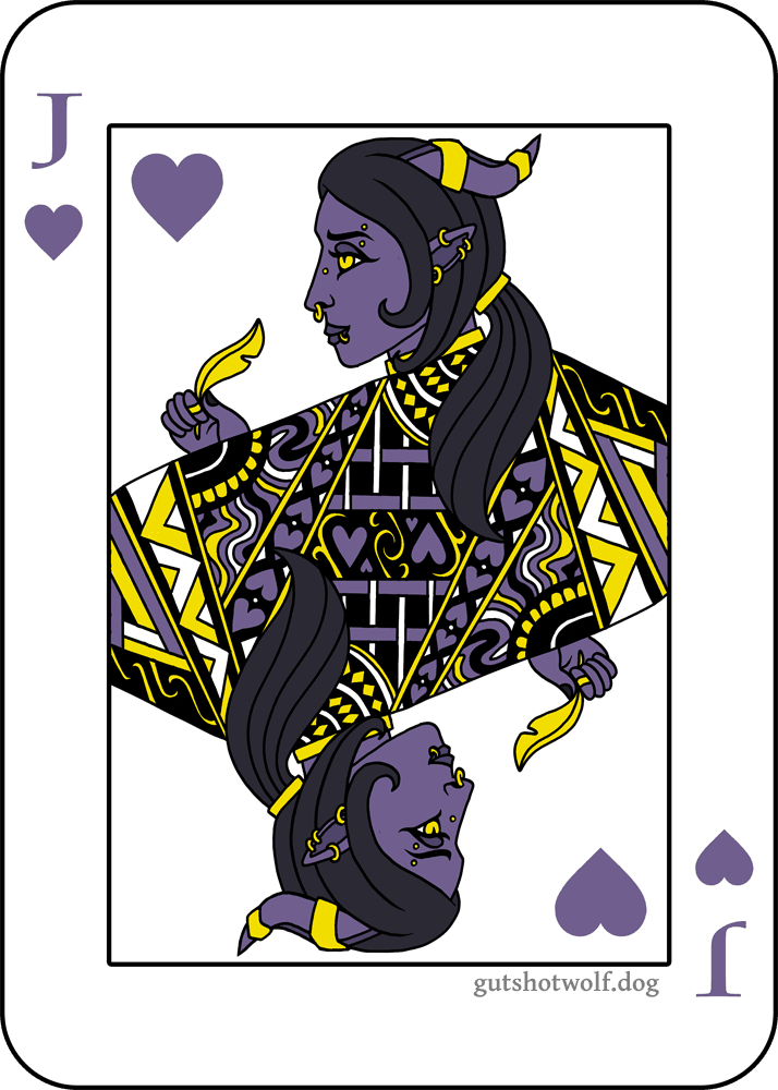 a digital art piece in the style of a playing card, mirrored vertically. it depicts a violet tiefling woman as the Jack of Hearts, holding a quill