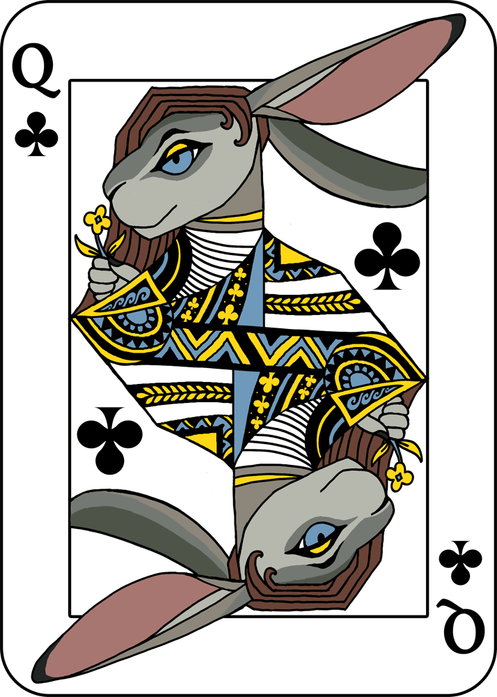 a digital art piece in the style of a playing card, mirrored vertically. it depicts a long-haired anthropomorphic jackrabbit as the Queen of Clubs, holding a flower