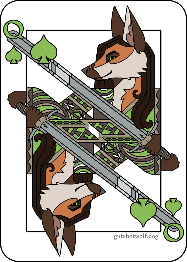 a digital art piece in the style of a playing card, mirrored vertically. it depicts a long-haired anthropomorphic maned wolf as the Queen of Spades, holding a large sword