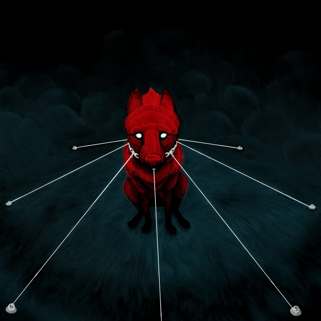 A digital painting depicting a red dog on a dark field. The dog has wide white eyes and a white chain collar, which has seven tie-outs clipped to it in a circle, holding the dog at tension.