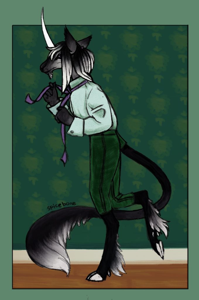 a digital art piece depicting an anthropomorphic unicorn on a simplistic hallway background. The unicorn has deer-like anatomy with a white crescent-shaped horn, long hair cut into a bob, and long fur on her ankles and the tip of her long tail. Her hair fades from black at the roots to white at the tips, and her fur is primarily dark violet where it is visible. She is posed mid-step tying a lavender ribbon around her neck, and is wearing trousers and a collared men's work shirt.