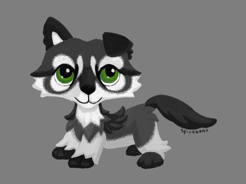 a digital drawing depicting a monochrome wolfdog in the style of a Littlest Pet Shop, a plastic toy bobblehead with exaggerated proportions including a large head and huge shiny eyes. stippling between the character's differently-colored markings suggests the low-quality airbrush painting the toys often have