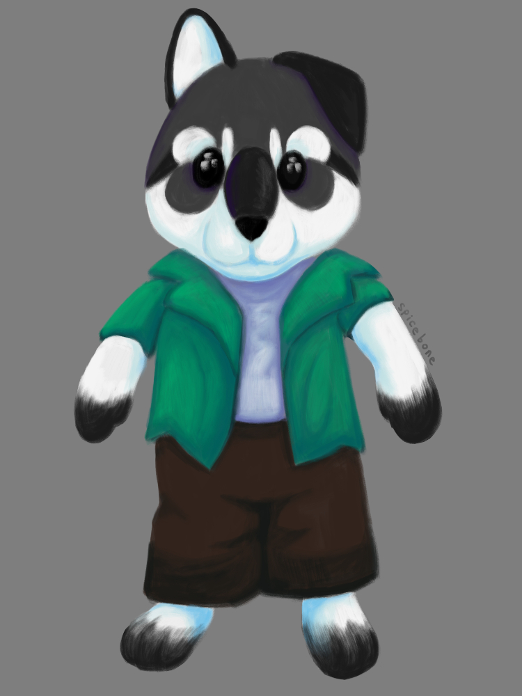 a digital drawing depicting a monochrome wolfdog in the style of a Sylvanian Families toy, a flocked animal figurine with stiff articulated limbs and shiny black eyes. the character is wearing a green collared shirt open over a white t-shirt, and baggy brown pants