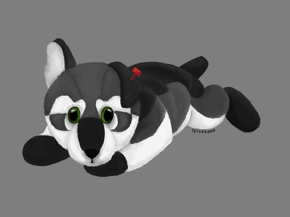 a digital drawing depicting a monochrome wolfdog in the style of a Beanie Baby plushie, floppy and made with velvety fabric. it has shiny green glass eyes and the red plastic barb that would have attached its tag to its ear, but the tag is missing