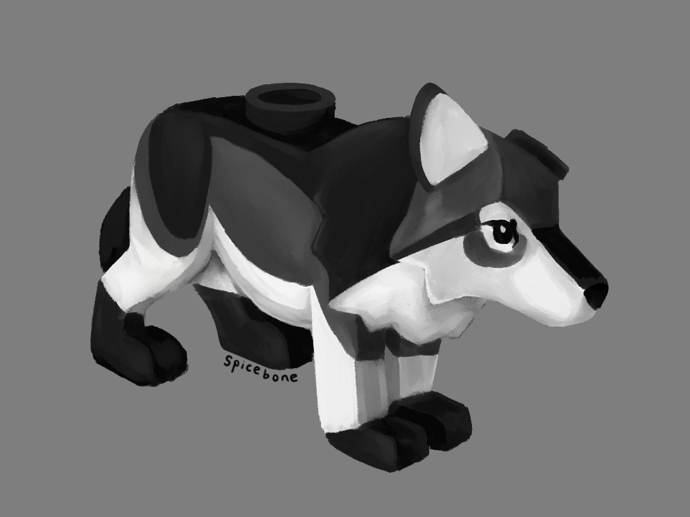 a digital drawing depicting a monochrome wolfdog in the style of a Lego wolf minifigure, with blocky proportions and simplistic coloring. it has glossy shading, evoking the toys' smooth plastic