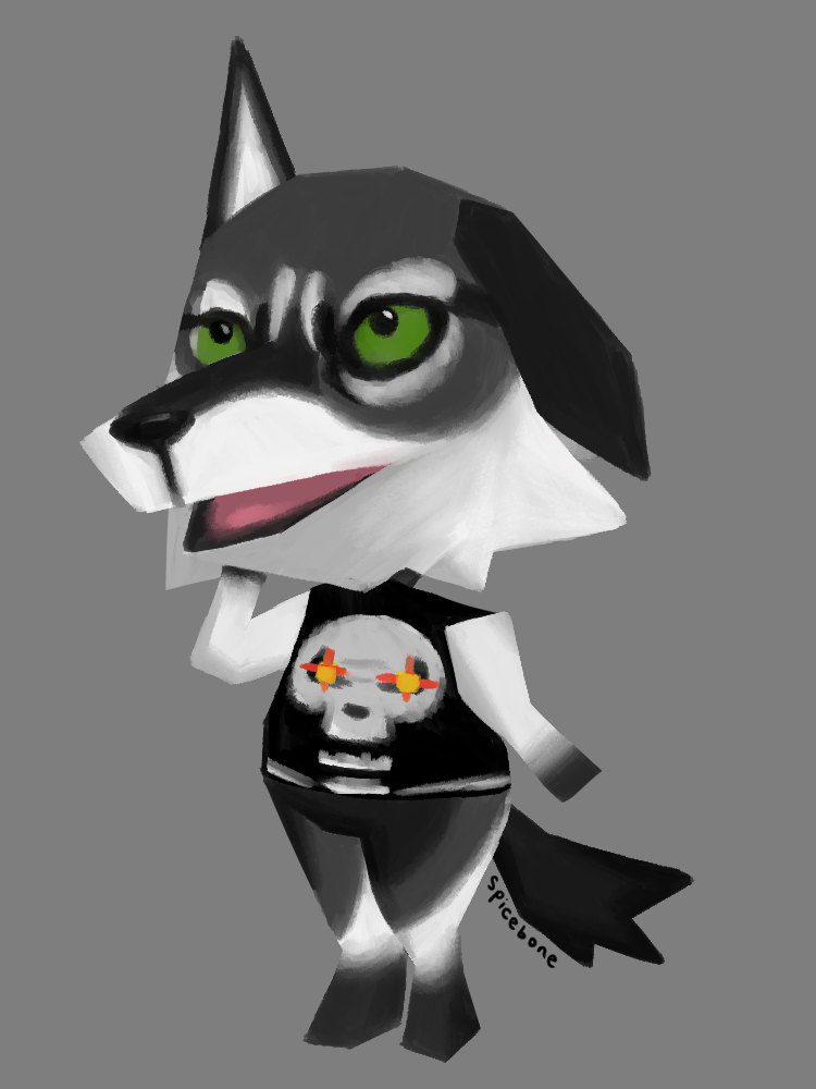 a digital drawing depicting a monochrome wolfdog in the style of a villager from Animal Crossing for the Gamecube, with polygonal shapes and soft shading. it is wearing a t-shirt which has a human skull with glowing eyes on it