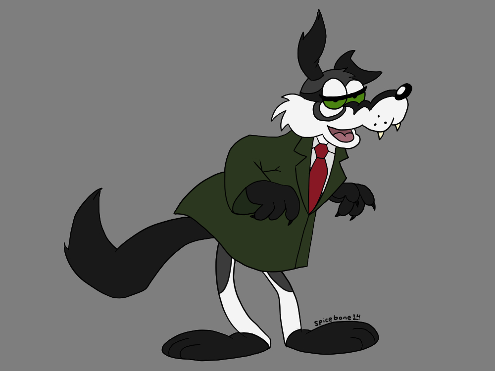 a digital drawing depicting a monochrome wolfdog in the style of a character from Garfield, with toony shapes and flat colors. it has a smug expression with half-lidded eyes and is wearing an olive coat over a white shirt and red necktie
