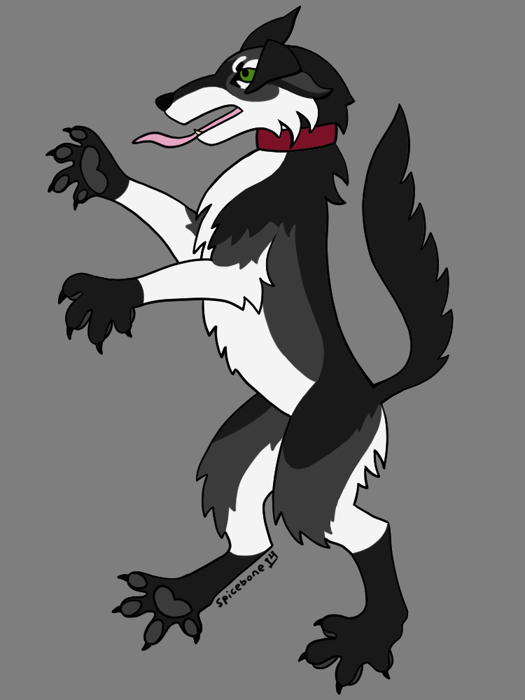 a digital drawing depicting a monochrome wolfdog in the style of a heraldic beast, upright in the rampant pose with its claws spread