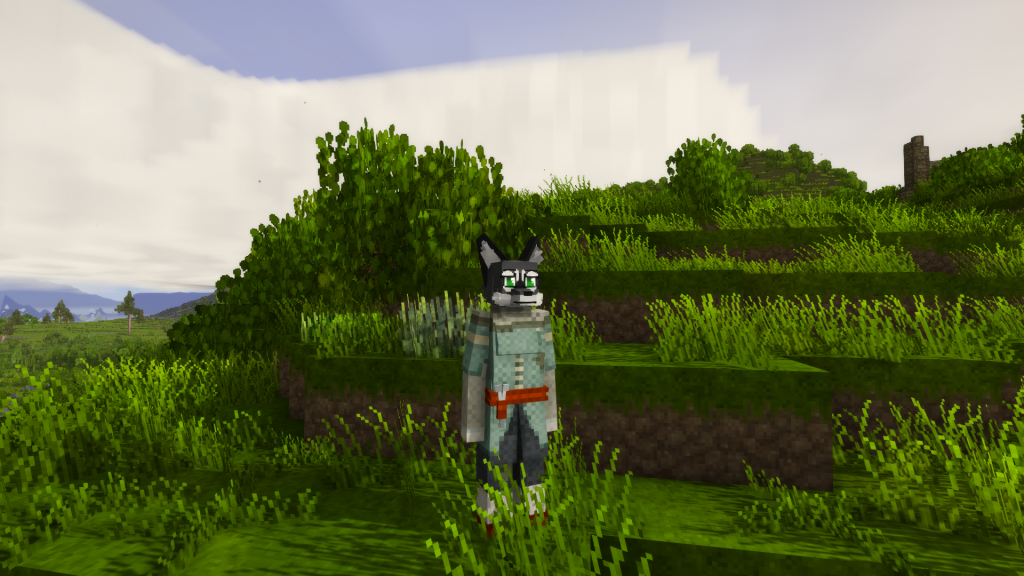 a screenshot of the game Vintage Story, showing a modded character resembling a monochrome wolfdog