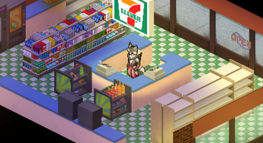 a screenshot of the game Furcadia, showing a monochrome vulpine character alone in a dimly-lit 7-Eleven