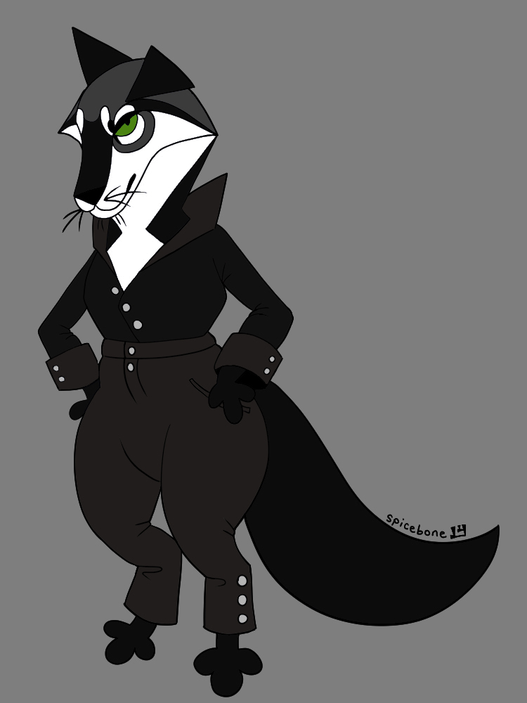 a digital drawing depicting an anthropomorphic monochrome wolfdog in the style of a Courage the Cowardly Dog character, standing with its hands on its hips looking at the viewer. it is wearing a black formal outfit with a high collar and high-waisted pants