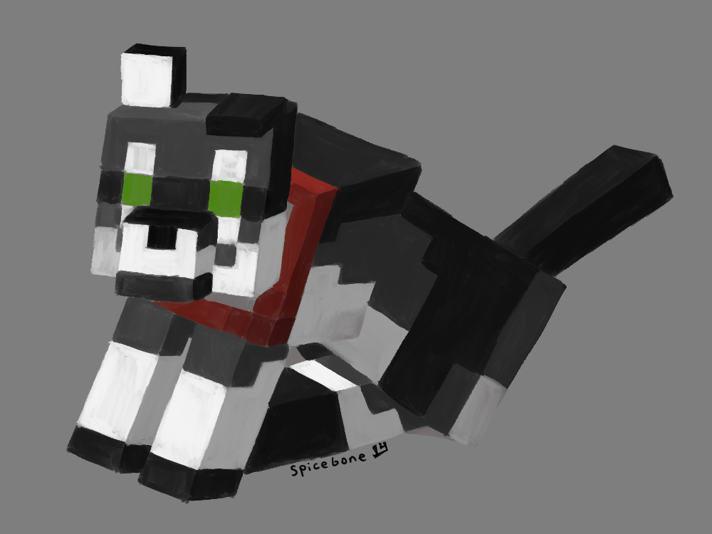 a digital drawing depicting a monochrome wolfdog in the style of a Minecraft wolf, sitting with a red collar and its head tilted toward the viewer