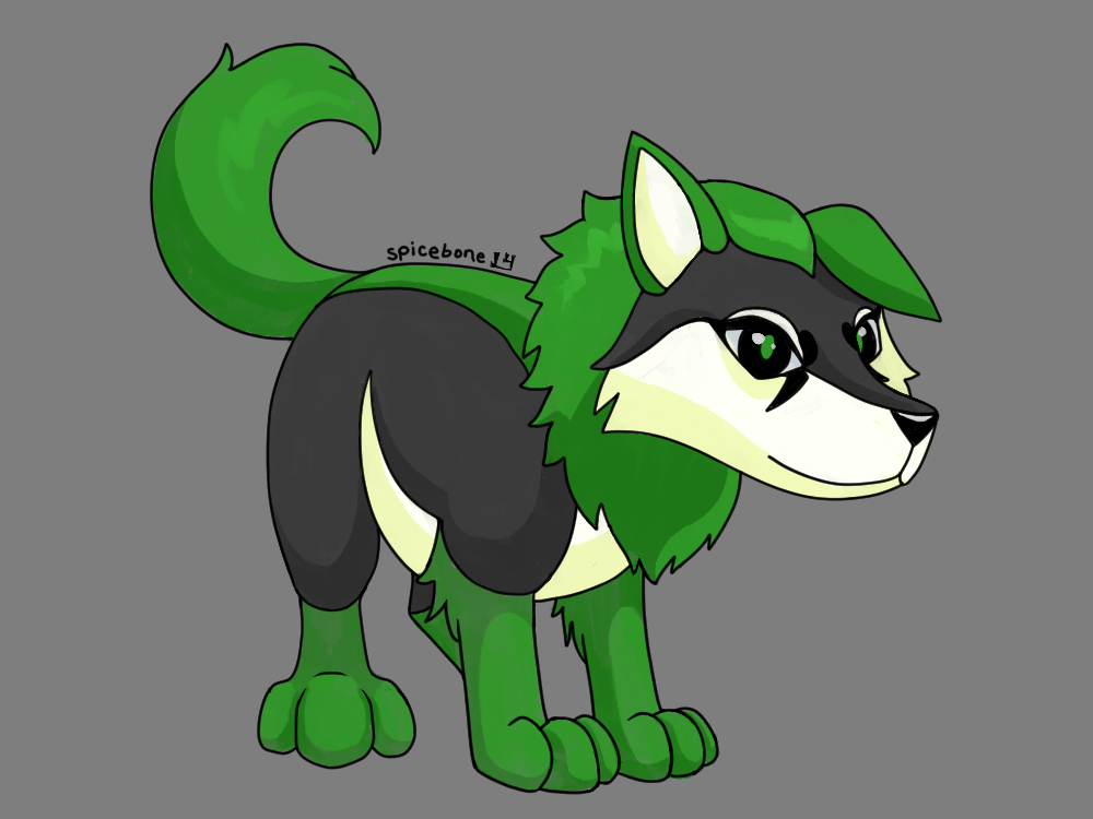 a digital drawing depicting a grey and green wolfdog in the style of a Neopets pet, standing and looking at the viewer with its tail held high
