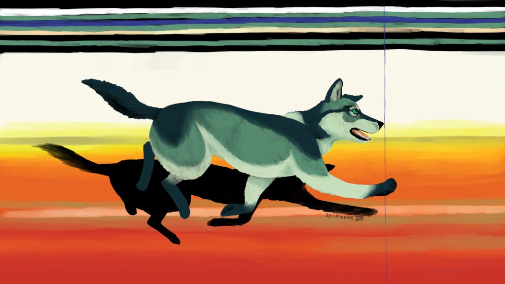 a painting of a monochrome wolfdog, in blue-green tones, sprinting in front of a blurry multicolored track with a thin vertical line splitting the image in front of its nose marking a photo finish