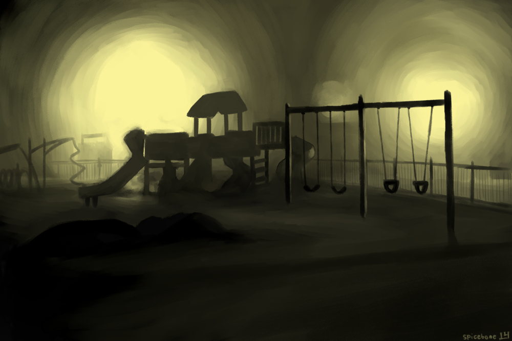 a digital painting of a dark playground silhouetted against foggy yellowish lights