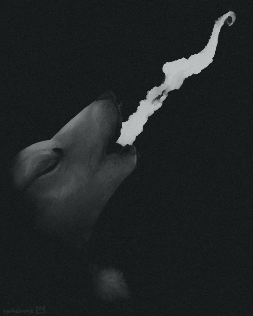 a monochrome digital painting depicting the face and muzzle of a canine emerging from shadow and silhouetted against a dark background. its eyes are closed and its mouth is open, releasing a long, smoky white tendril which coils at its end