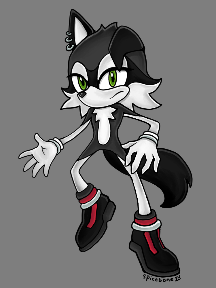 a digital drawing depicting an anthropomorphic monochrome wolfdog in the style of a Sonic the Hedgehog character, in a midair pose wearing large chunky boots and gloves with silver bangles