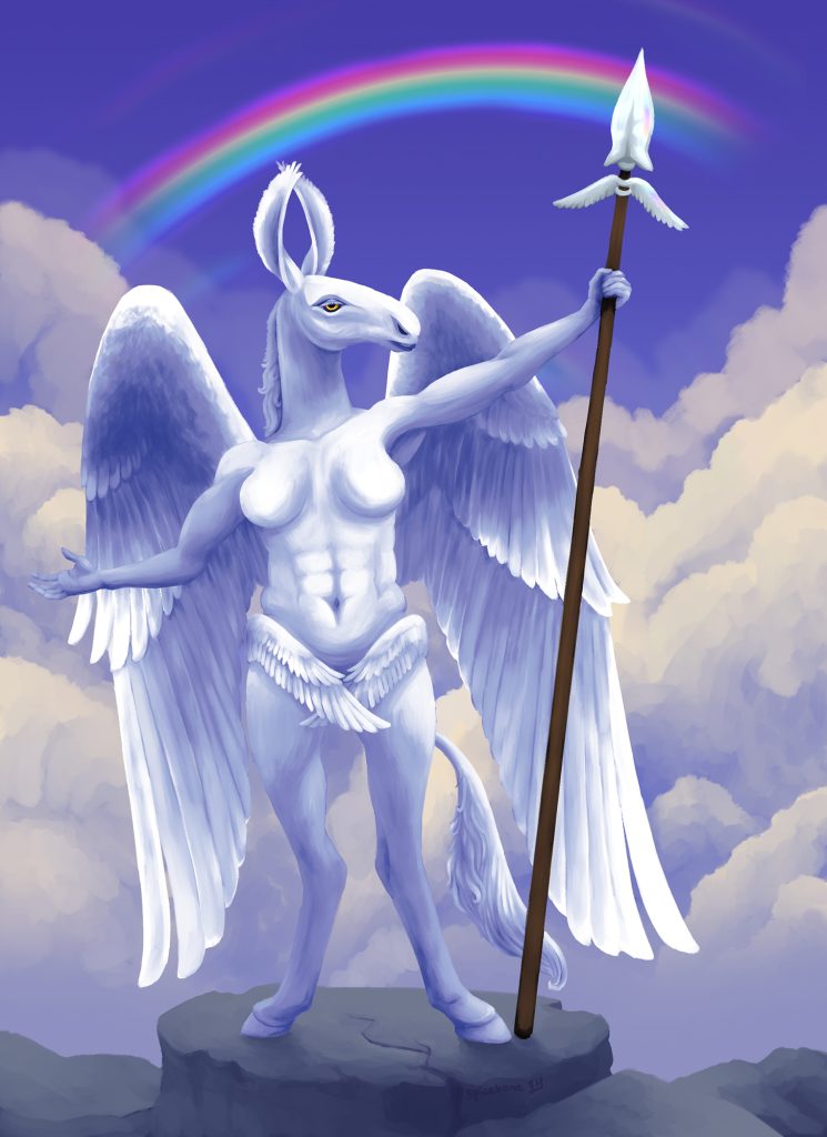 a digital painting depicting a bipedal pegasus, posed triumphant with arms outstretched atop a stone pillar but looking somewhat indifferently toward the viewer. she holds a spear in her left hand, which has a silver head and wing-like ornamentation. in addition to a pair of large wings half-folded behind her, she has a smaller pair of wings crossed in front of her hips, and long wing-like ears crossing over her head. clouds rise up behind her in the background, and a rainbow is visible above her