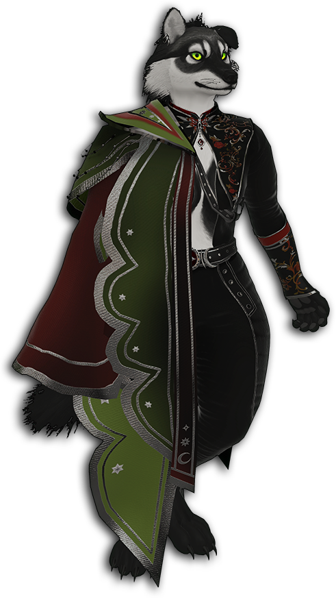 a screenshot of a VRChat avatar, which is a monochrome anthropomorphic wolfdog. it poses standing with its arms slightly outstretched, wearing an ornate outfit and fencing cape