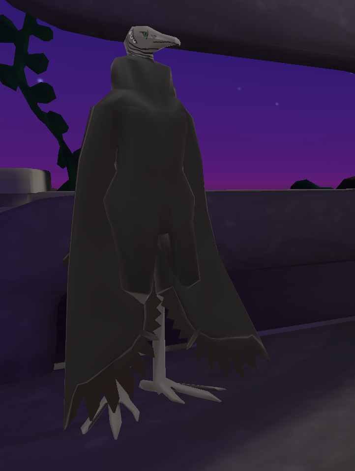 a screenshot of a VRChat avatar, which is an anthropormorphic black vulture. it is very low-poly and simplistic, with its eyes and mouth drawn on rather than modeled