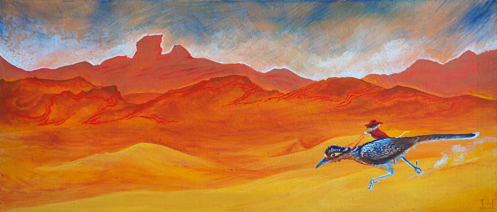 a gouache painting of a barren desert landscape in warm gold and brown hues, with a distant rocky ridgeline accented in bright red patterns. in the foreground, a blue and white roadrunner sprints across sandy dunes, leaving a trail of dust behind it; a mouse on its back, wearing a red poncho and wide-brimmed hat, holds it by the reins