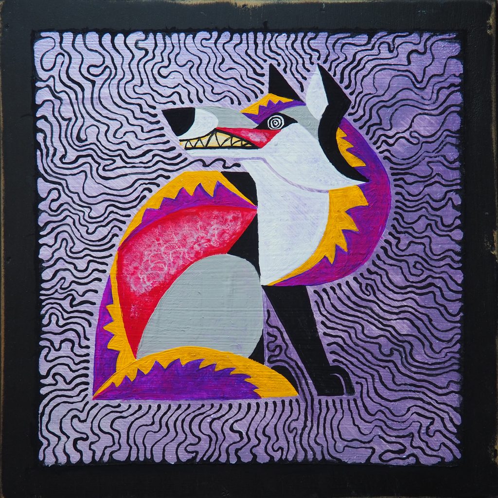 an abstract painting of an indeterminate canid, composed of sharp shapes and angles. its fur is separated into sections of grey, black, white, and zigzagged purple and gold; its eyes are white with black concentric circles, and its teeth are bared. it is painted on a metallic lavender backdrop, with a matte black border, from which intricate abstract patterns like worm-eaten wood swirl inwards to surround the canid