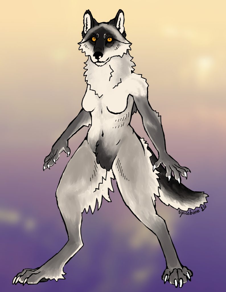a digital drawing of an anthropomorphic bipedal wolf, standing in a wide stance and looking at the viewer with piercing golden eyes. it has a dark mask on its face while the fur on the rest of its body is colored in a variety of whites and greys