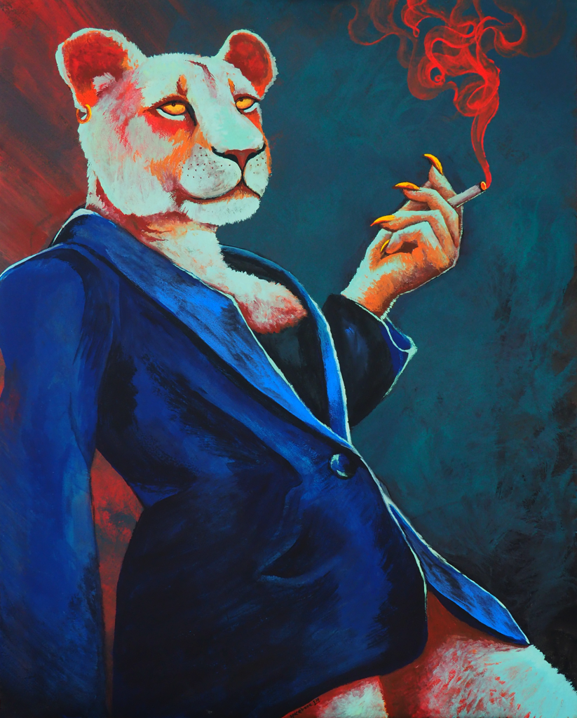 a gouache painting depicting an anthropormorphic lioness from the waist up in bright hues on an abstract background. she is wearing a blazer and holds a cigarette in her raised hand, which sports golden claws; she looks at the viewer with a sultry expression. the cigarette's smoke is vibrant red
