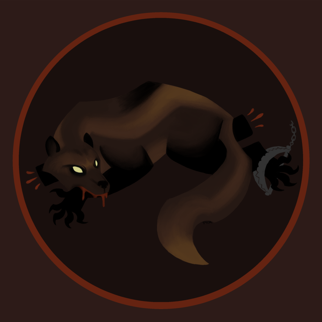 a digital drawing depicting a stylized, angular wolverine with its hind foot caught in a bear trap. it is biting off its remaining front foot; there are stumps where its other feet should be